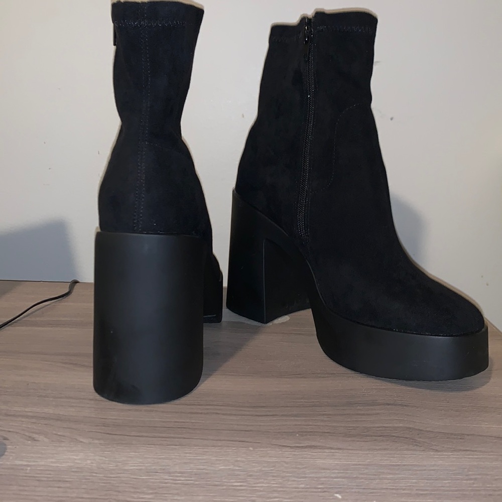 Black ankle booties originally from Shoe Dazzle ‘Pegah Block Heel Bootie’ suede